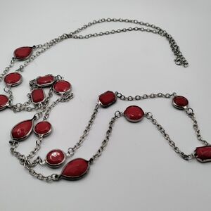 LONG RED AND SILVER NECKLACE